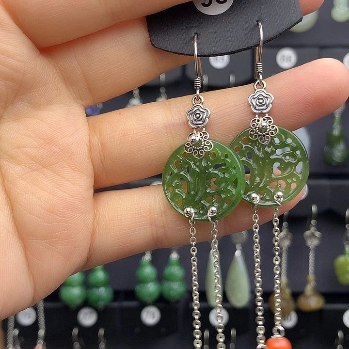 和田玉耳饰银S925镶嵌伽****妆