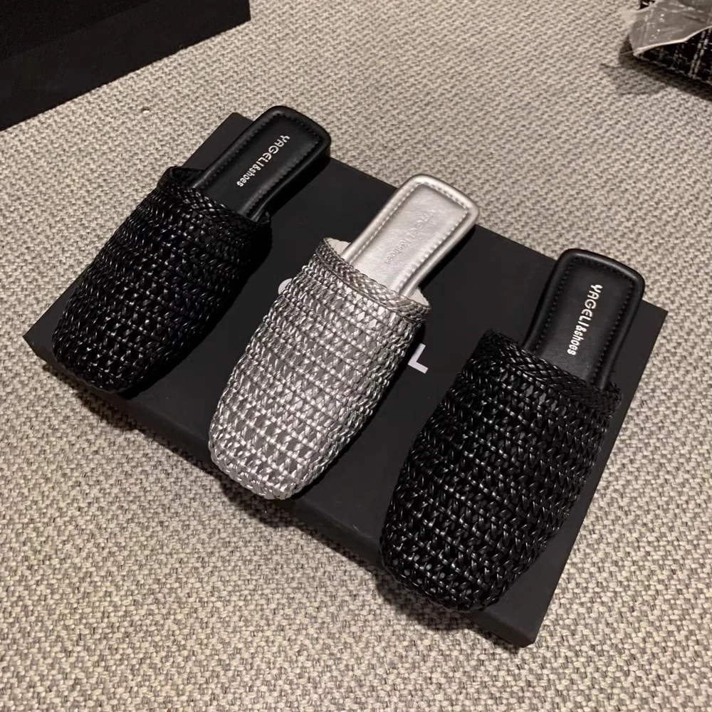 银色外穿镂空编织包头半拖鞋女2025年夏季新款百搭网红平底凉拖鞋