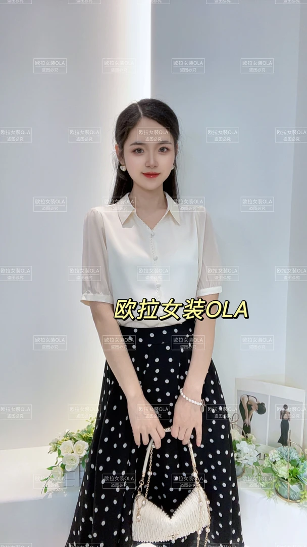 【欧拉女装】夏季新款翻领短袖上衣显瘦时尚百搭花边衬衫女