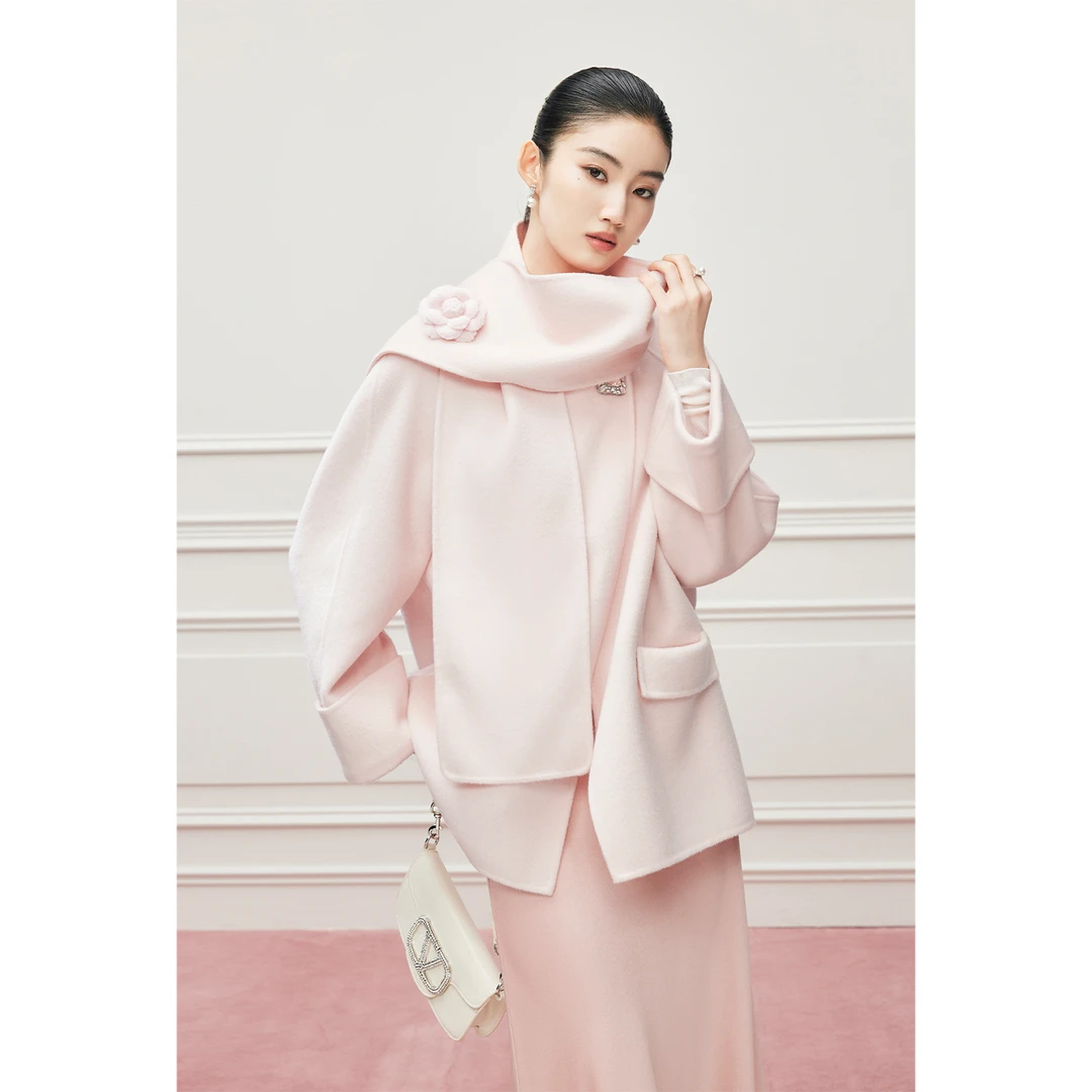 【达人专属】MandyZhang粉色羊毛双面呢围巾大衣女冬外套DY2158