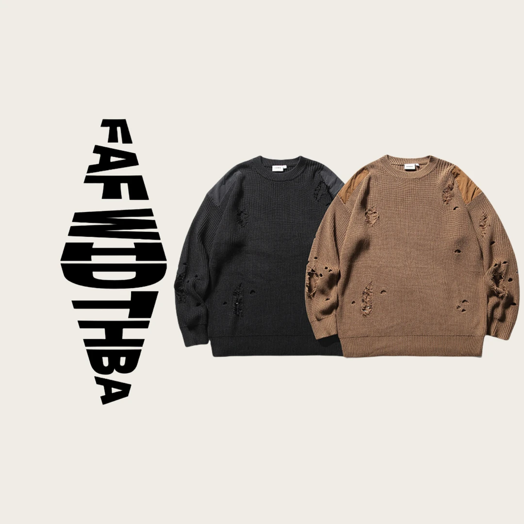 N638 撞色拼接破洞长袖针织衫日系复古宽松毛衣男