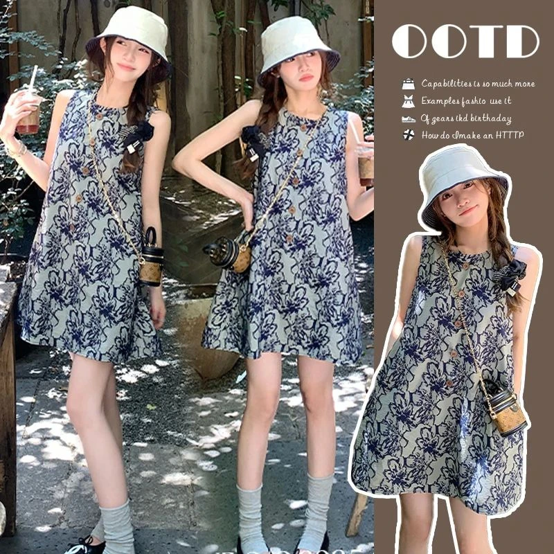 时髦孕妇连衣裙夏季时尚韩版小个子中长款新中式显瘦水墨画背心裙