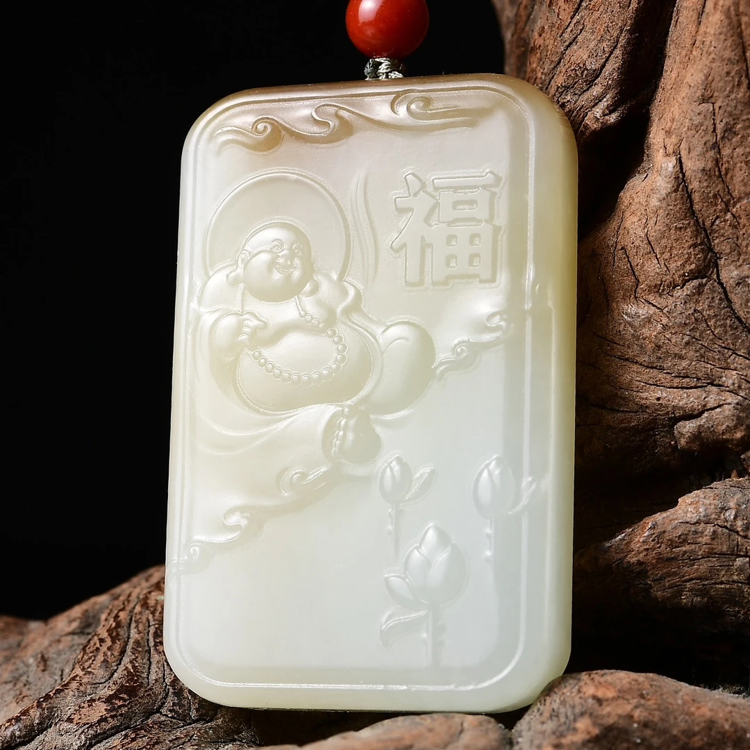 天然和田玉羊脂玉俏色大肚弥勒佛 佛公吊坠