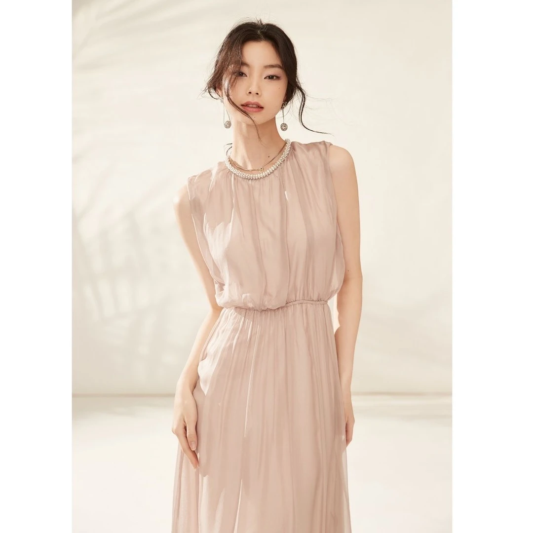 高档天丝春夏女法式显瘦无袖长款连衣裙气质小众高级简约韩版收腰