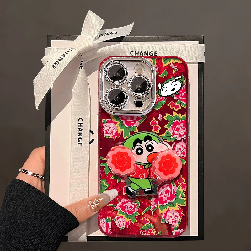 手机壳东北大花小新转转支架适用苹果16手机壳15pro锡纸纹14镜头