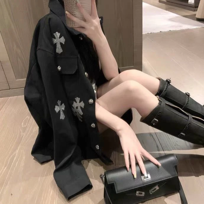 2025春春秋显瘦牛仔百搭宽松韩版设计感季黑色烫钻衬衫气质设计感