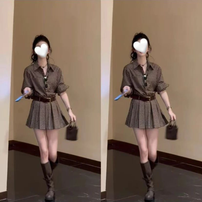 晚风落叶•早秋新款格子衬衫百褶连衣裙+短裤两件套