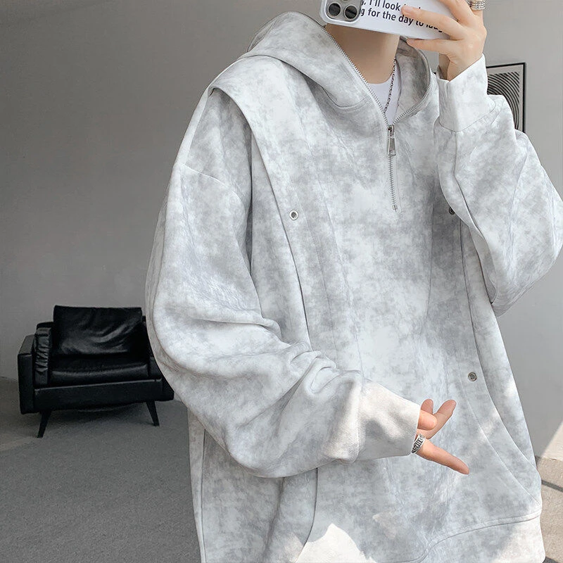 重磅扎染连帽卫衣男春秋款设计感小众宽松外套美式潮牌炸街高级感