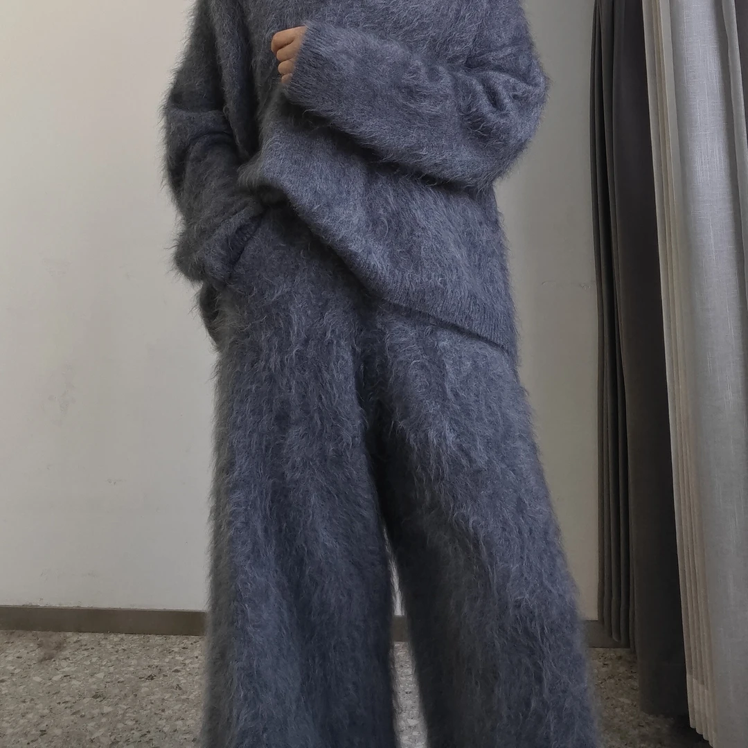 宽松阔腿羊绒裤拉绒直筒裤显瘦慵懒松弛2515
