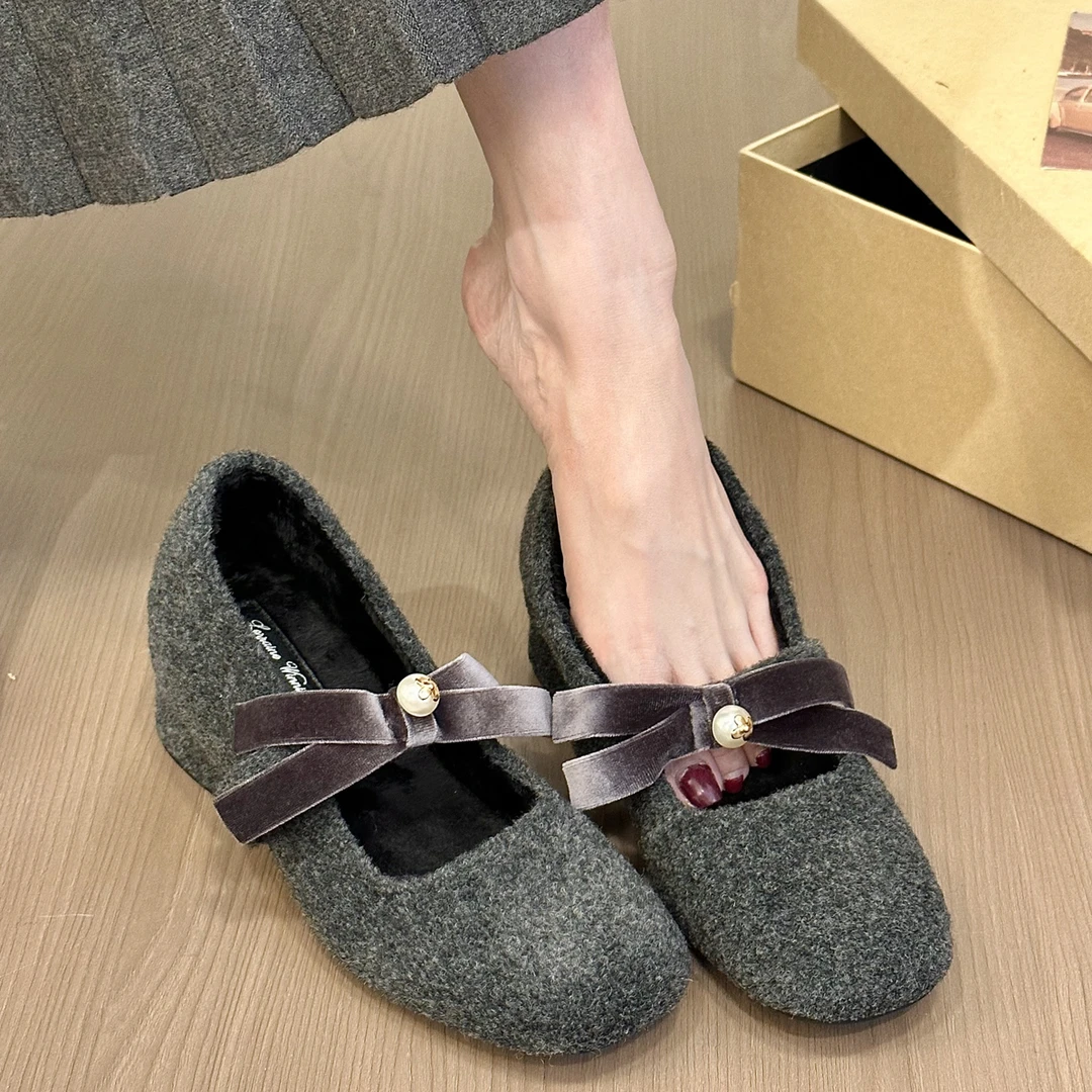 titing灰调博主！呢子圆头蝴蝶结内增高玛丽珍鞋女秋加绒粗跟单鞋