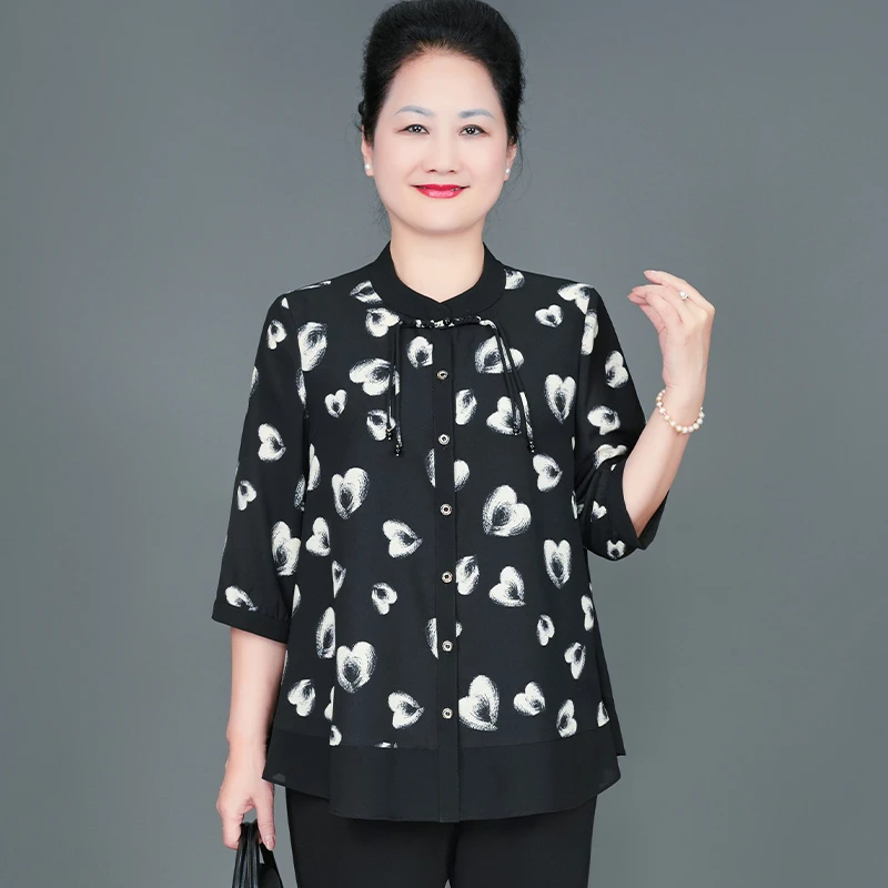 夏季中老年大码女装洋气50岁新中式国风碎花衬衫
