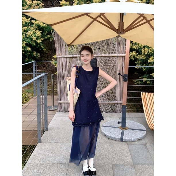 【赵小小yiamo】27012 圆领无袖显瘦木耳边拼接网纱背心连衣裙