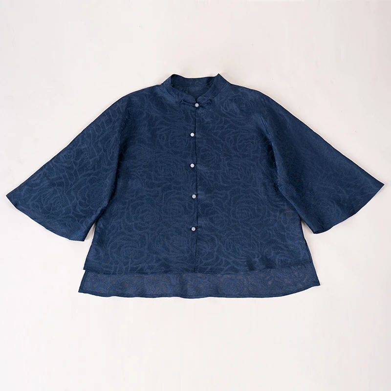【祥羽】复古中式100%麻国风经典宽松不规则提花对襟上衣