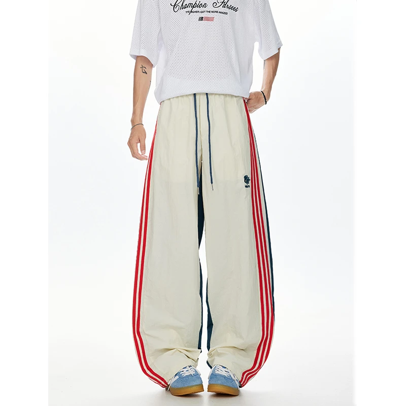 美式撞色三条杠速干裤男女秋季hiphop弯刀阔腿裤宽松情侣休闲裤潮