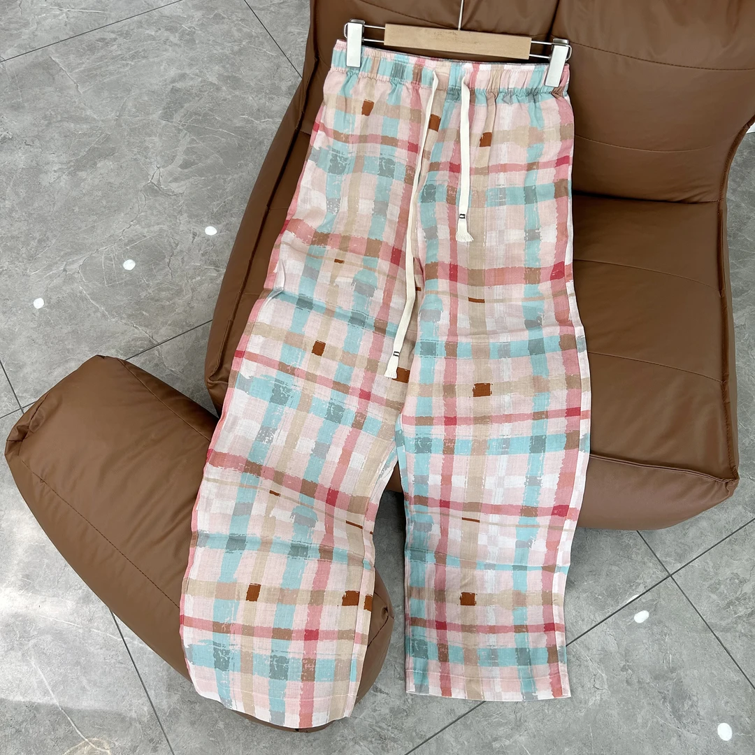 宽松慵懒休闲裤粉色格子阔腿裤 15510