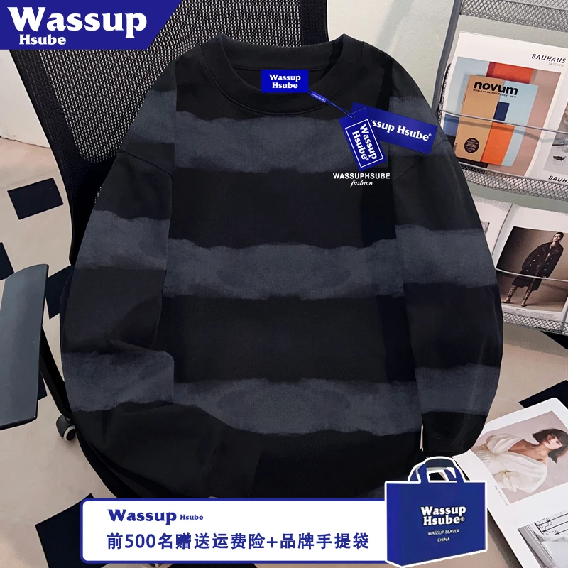 WASSUP HSUBE美式中性上衣字母印花长袖ins秋季纯棉男女款条纹T恤