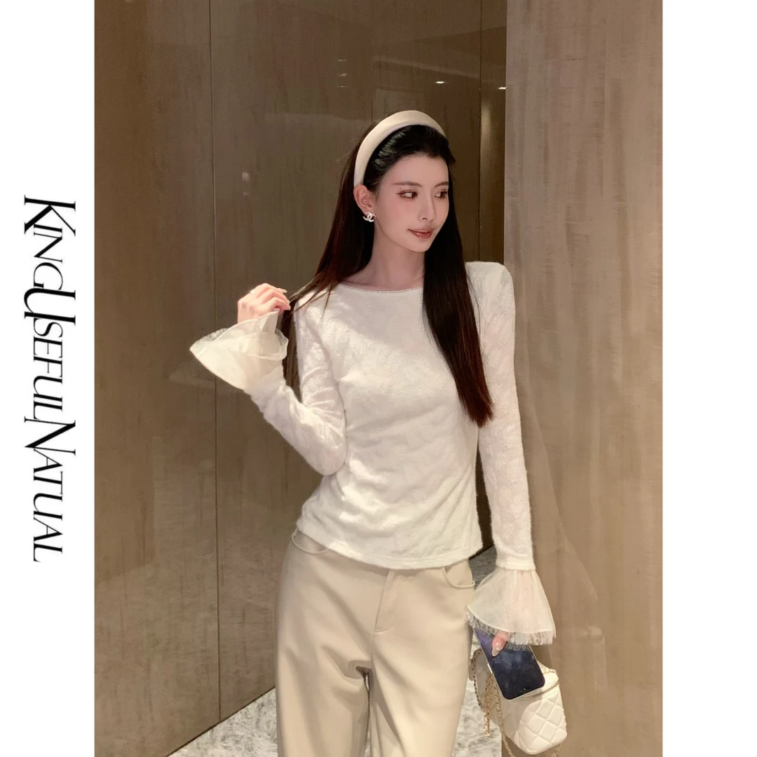KUN【知秋】精致又仙气 秋冬微镂空肌理百搭拼钻条蕾丝设计感上衣