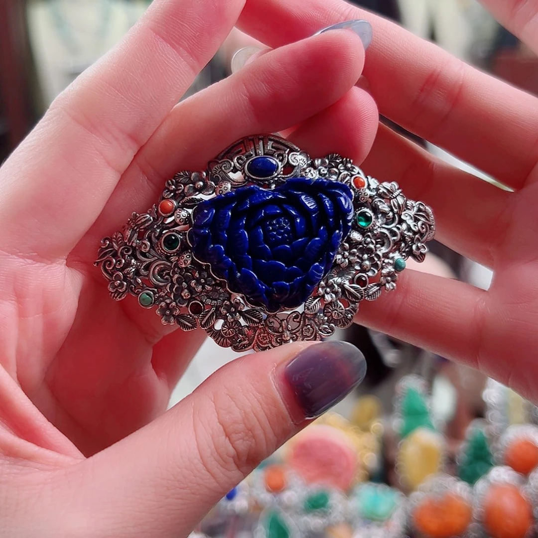 小***菲发夹青金石银S925镶嵌发夹