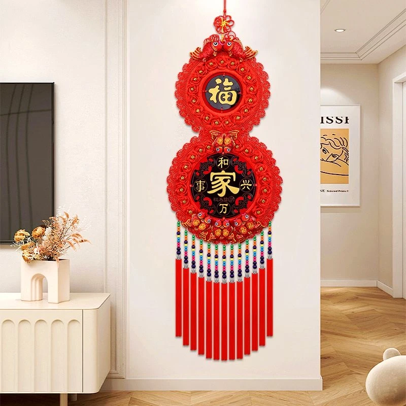 中国结斜挂福禄葫芦桃木(纯手工编织福禄)送礼自用玄关电视墙节日