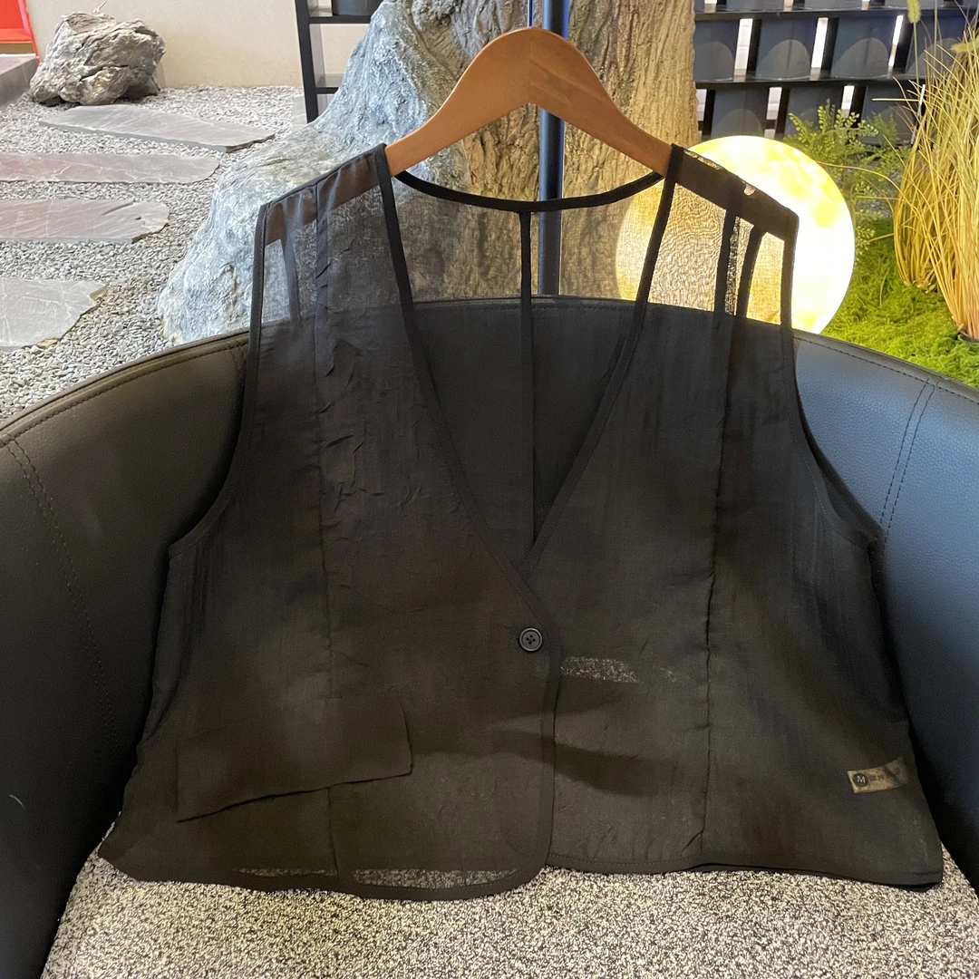 【镜黎】2025新款夏季马甲新中式圆领网纱绣花国风轻薄马夹女