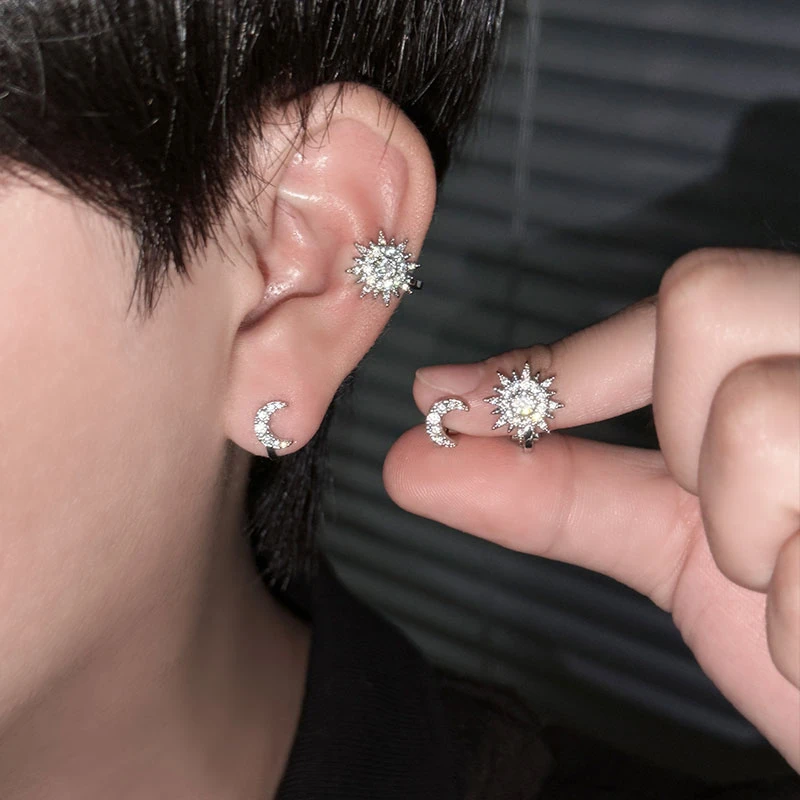 合金锆石耳饰 耳骨夹太阳欧美日月同辉无耳洞耳夹情侣耳钉男时尚
