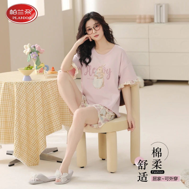 帕兰朵100%纯棉女士睡衣夏季薄款短袖短裤少女甜美可爱家居服套装