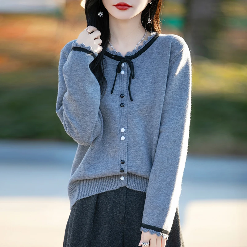 【直播爆款】春秋羊毛衫圆领针织开衫宽松显瘦气质休闲毛衣外套女士