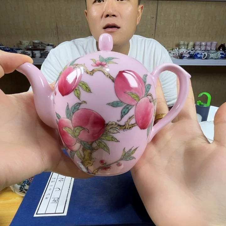 瓷片景德镇陶瓷红嘻嘻粉桃壶