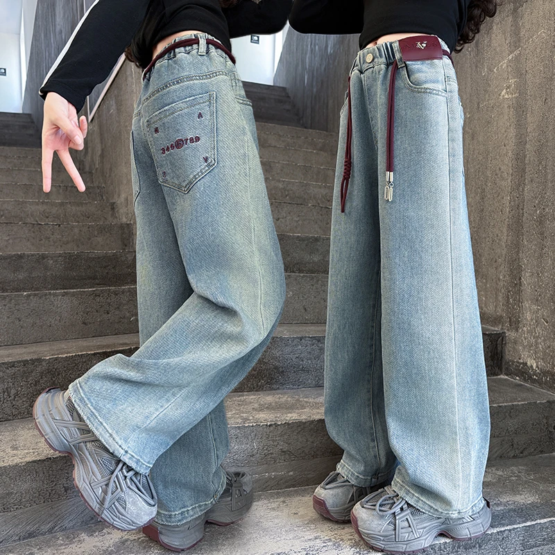 女童裤子春秋款2025春季新款洋气中大童时髦儿童直筒浅色牛仔裤