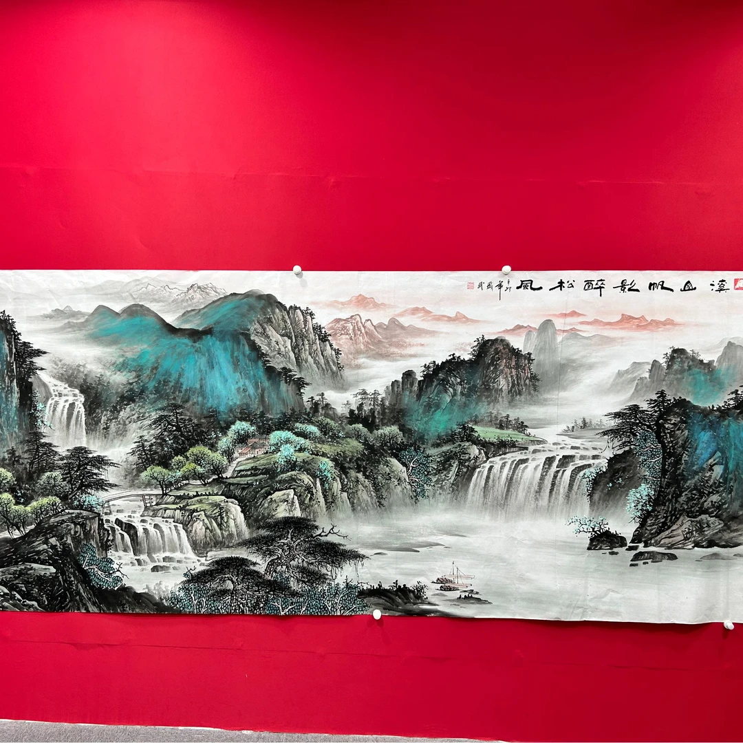 熊盛武手绘宣纸丈二溪山帆影醉松风山水画
