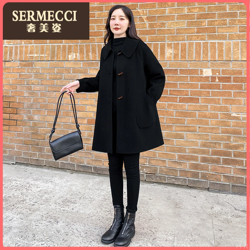 显瘦新款奢美姿2025秋冬宽松毛呢外套女小个子黑色双面爆款大衣