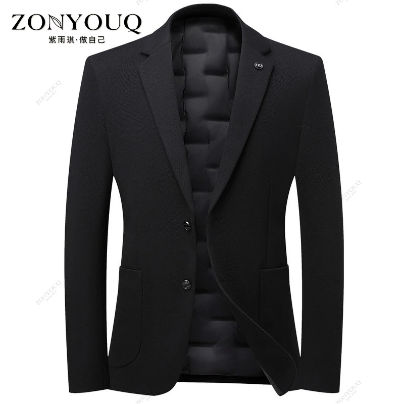 羽绒西服男士秋冬季保暖加厚西装商务休闲莫代尔修身时尚百搭外套