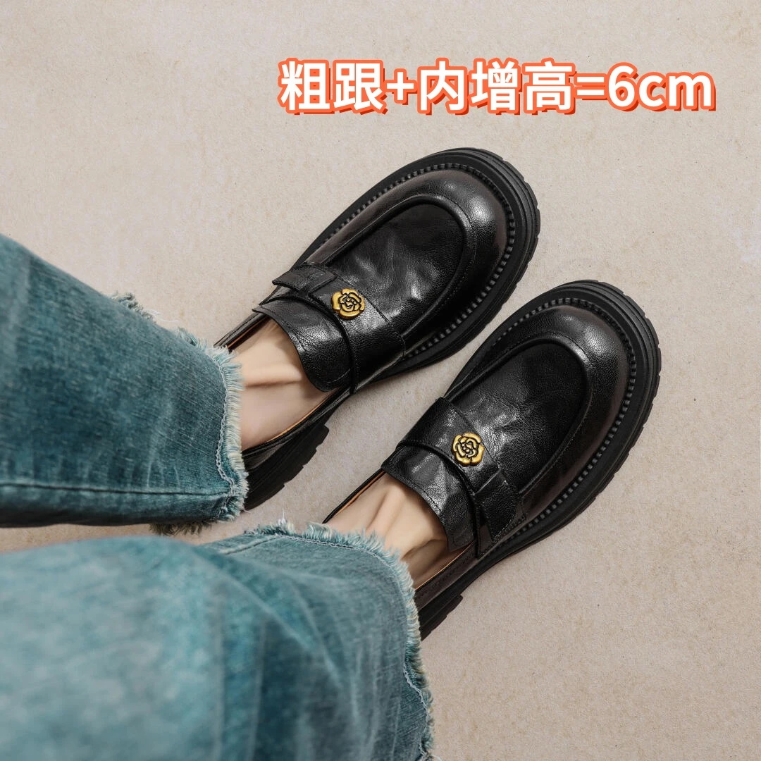 【现货】厚底山茶花乐福鞋2025新款英伦粗跟内增高精致一脚蹬单鞋