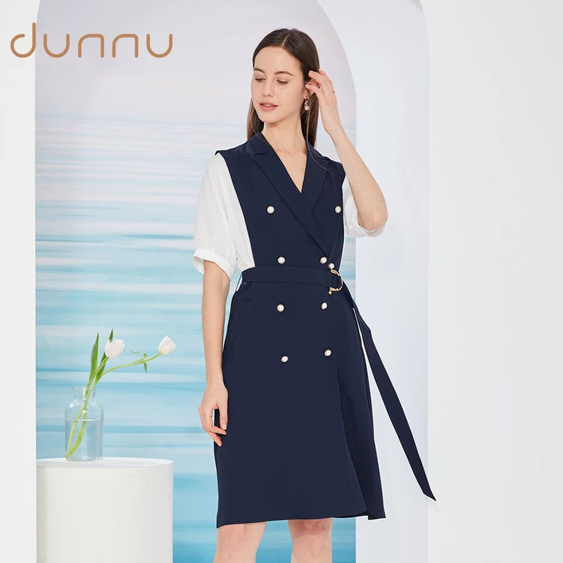 dunnu敦奴系带西装领双排扣装饰收腰连衣裙EQ250901