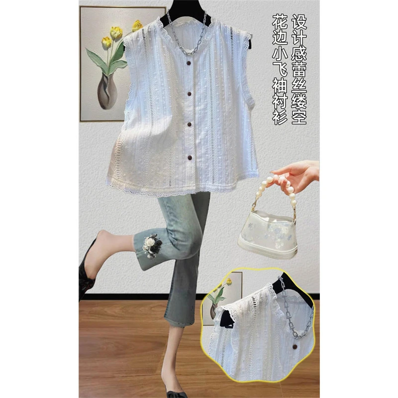 高级感蕾丝镂空花边短袖衬衫上衣女夏季胖妹妹大码宽松休闲别致潮