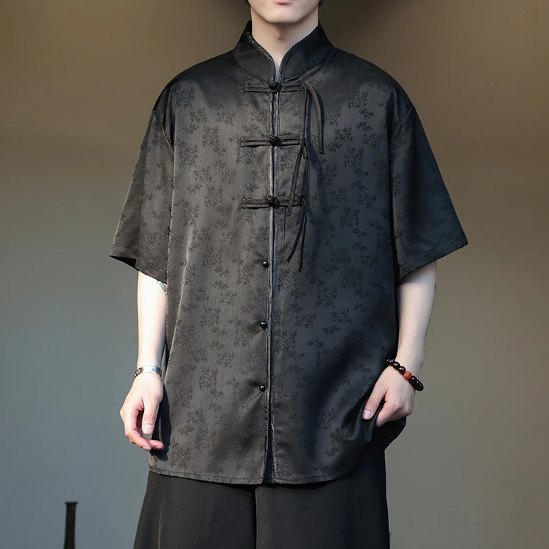 高级感垂感冰丝衬衫男短袖新中式国风提花半袖唐装宽松设计感上衣