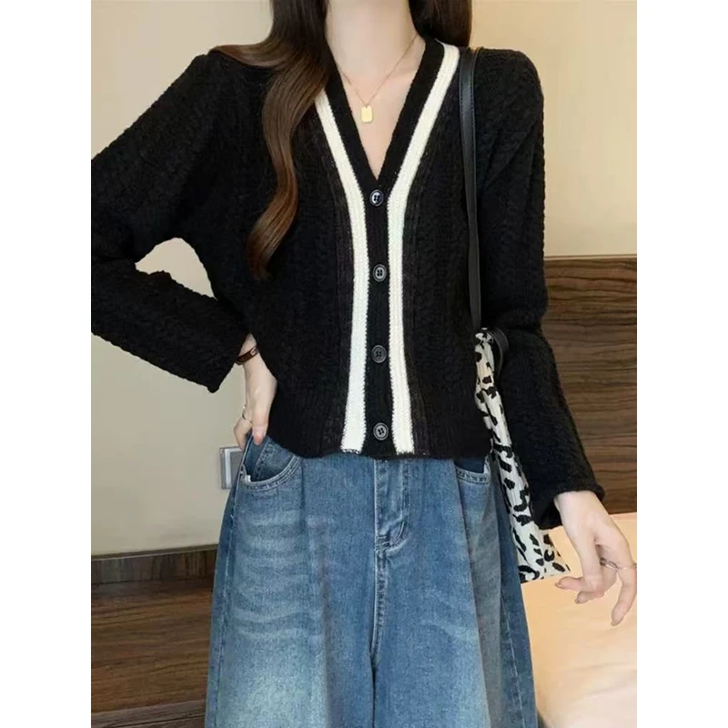 1299 早秋新款女装撞色V领针织开衫毛衣女秋冬慵懒内搭针织衫