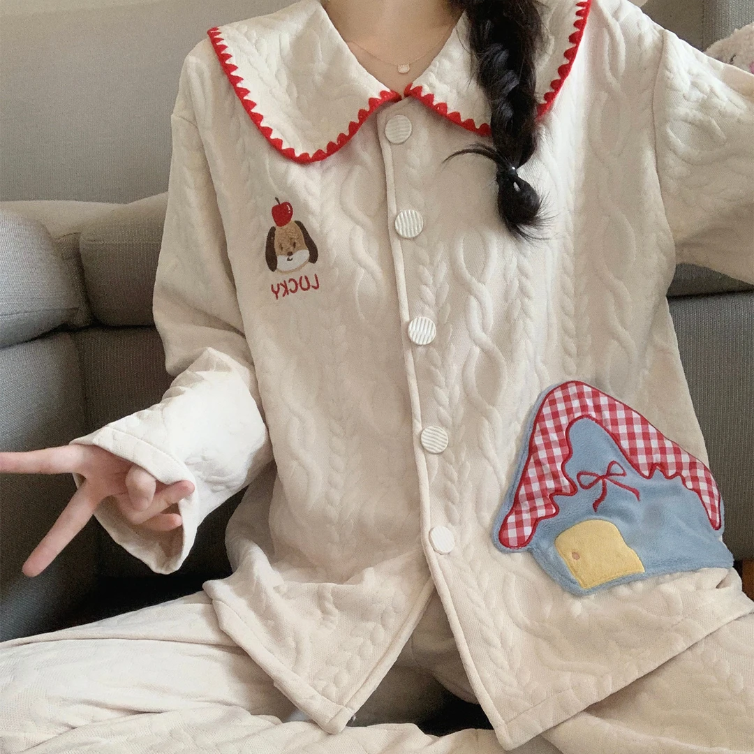 睡衣女秋冬季夹层2025新款长袖大码保暖苹果小狗套装家居服