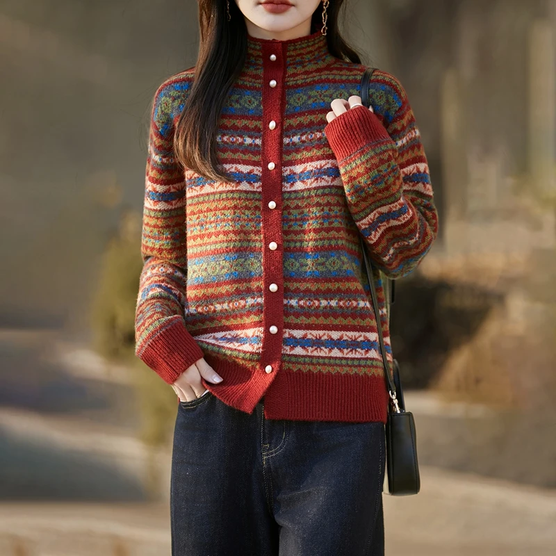 设计感民族风拼色半高领针织衫时尚复古开衫加厚文艺提花毛衣5260