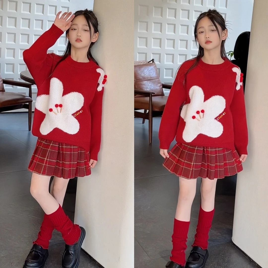 女童年款红色套装中大童圣诞3-15岁儿童洋气毛衣+百褶短裙两件套8
