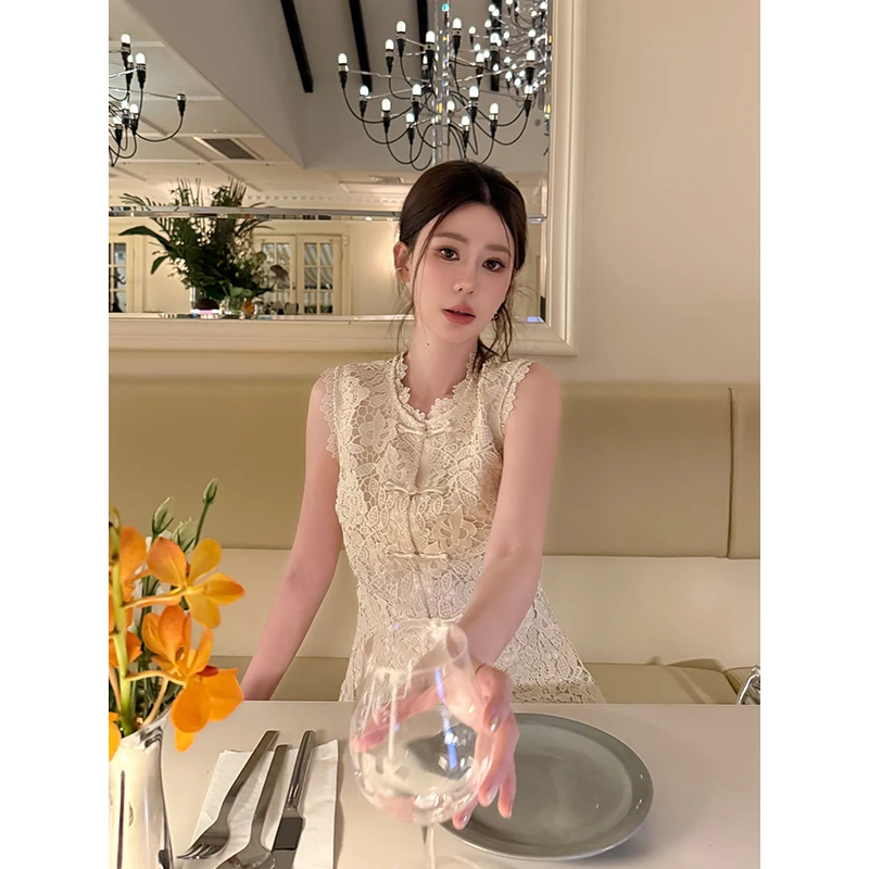 【小婉】法式气质蕾丝圆领设计盘扣镂空a字纯欲女装MZ连衣裙MZ2001