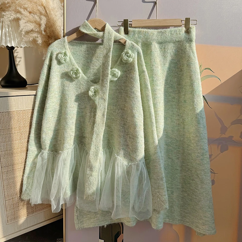 大码女装2024秋装新款立体花朵针织套装网纱拼接毛衣裙半裙两件套