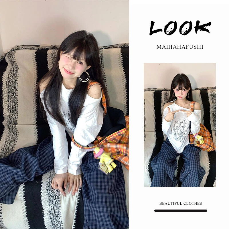 春季一整套女装2025新款韩版洋气露肩长袖T恤格子阔腿裤两件套装