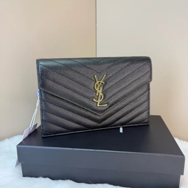 99新 YSL/圣罗兰 鱼子酱信封黑金woc链条包