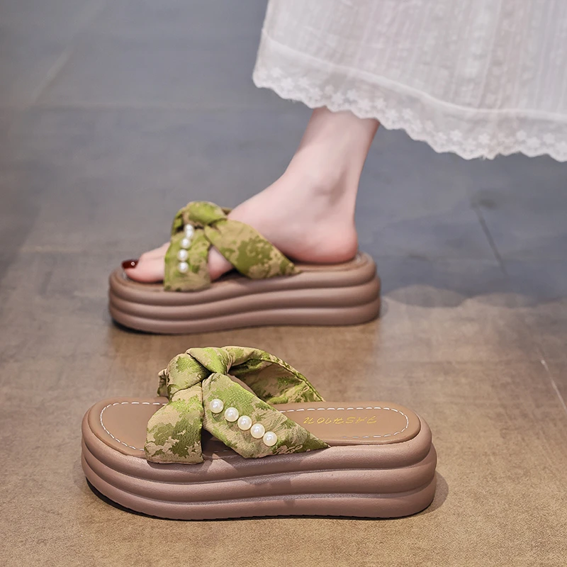 仙女风凉拖鞋女夏外穿2025新款配裙子外穿厚底珍珠度假沙滩-6CM