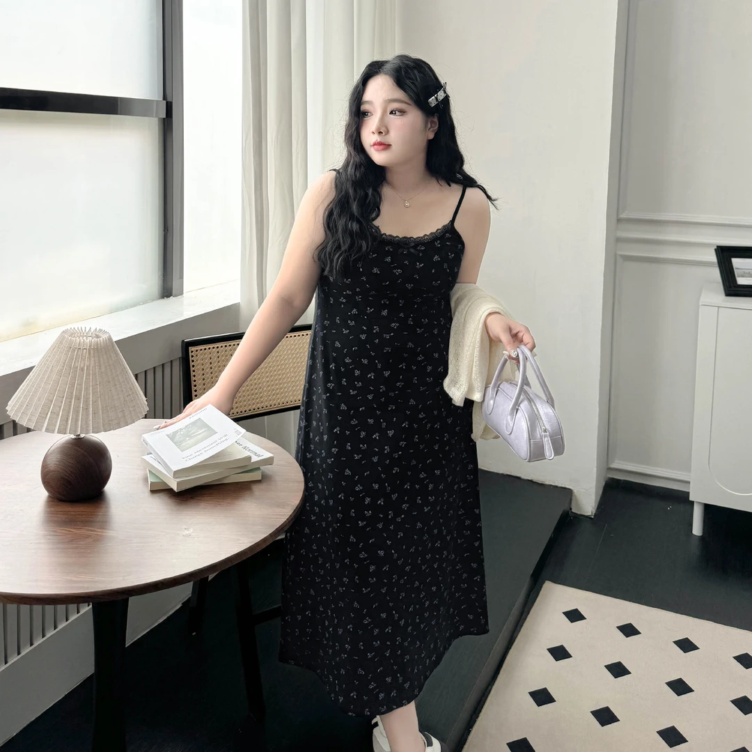 DX7578大码女装【灵动碎花裙】2025初夏花边领高腰针织吊带连衣裙子