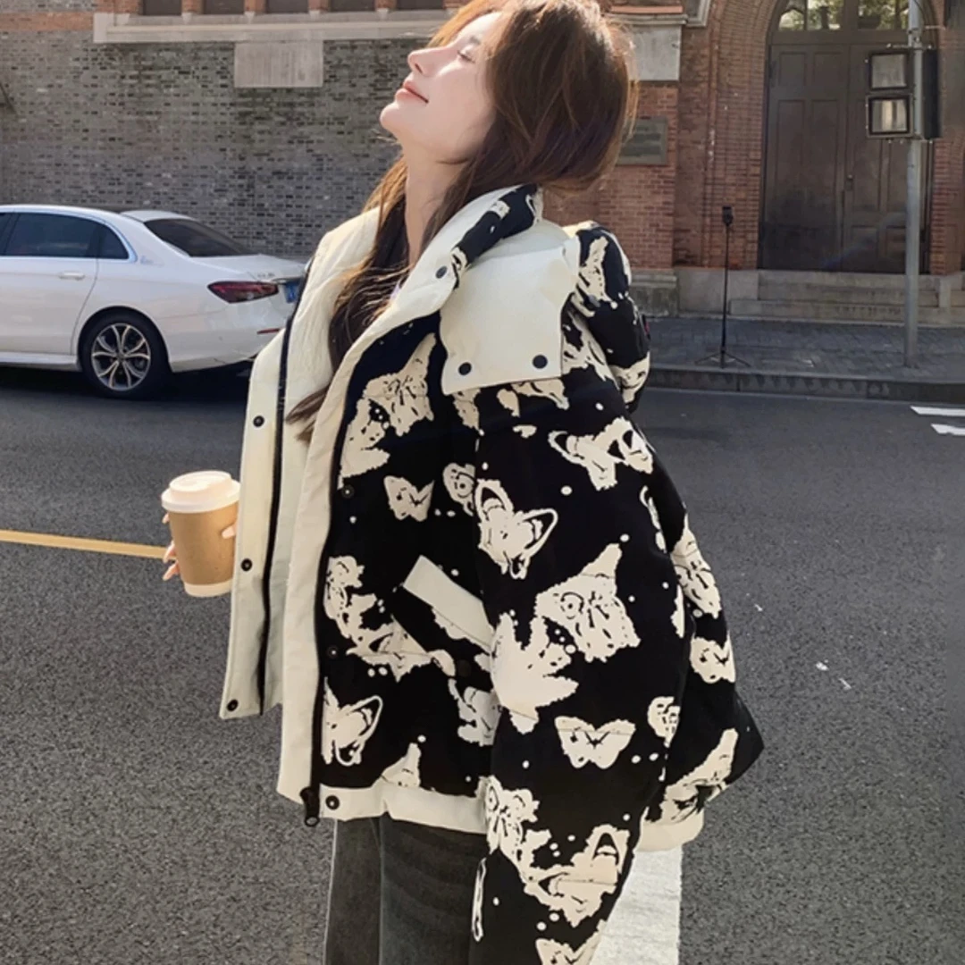 2025冬季潮牌蝴蝶印花拼接可脱卸帽花色ins加厚外套保暖羽绒服