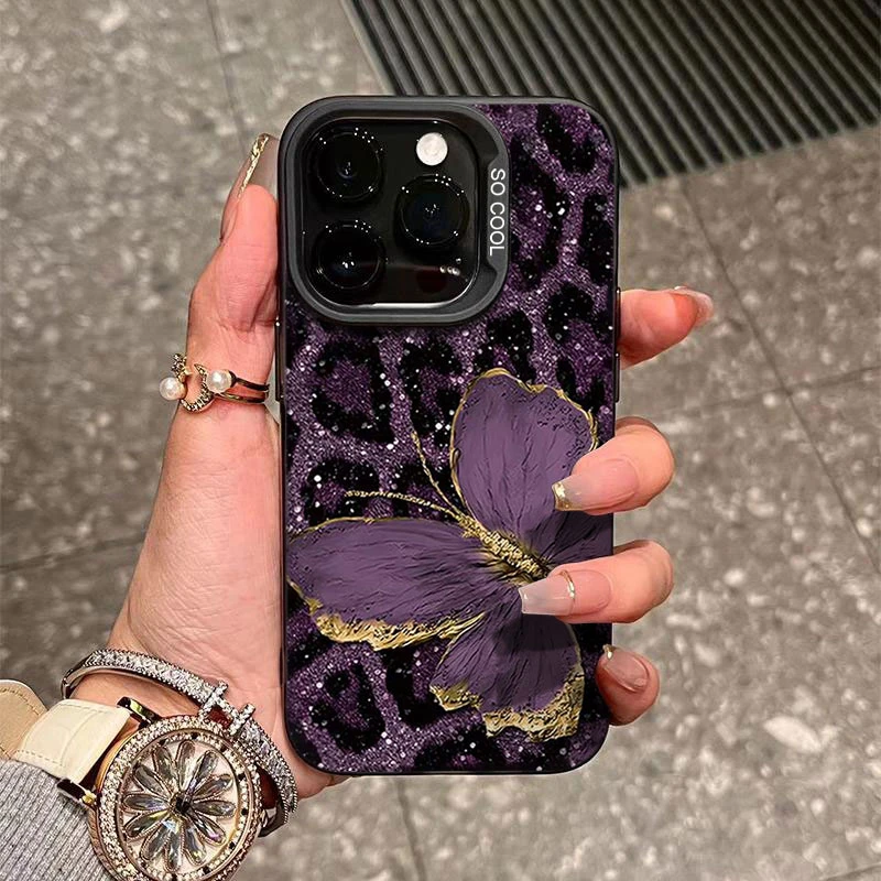 紫色豹纹蝴蝶适用苹果16/15手机壳iphone14Promax13软壳12防摔11x