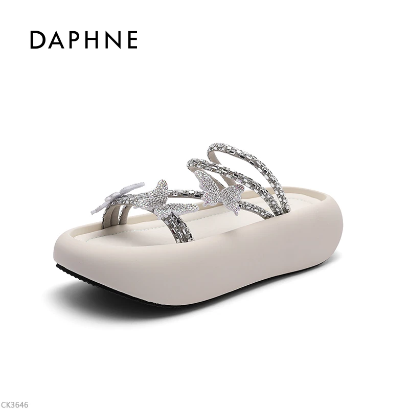 达芙妮新款水钻纯色胶粘女防水台一字带凉鞋日常凉鞋休闲百塔LL