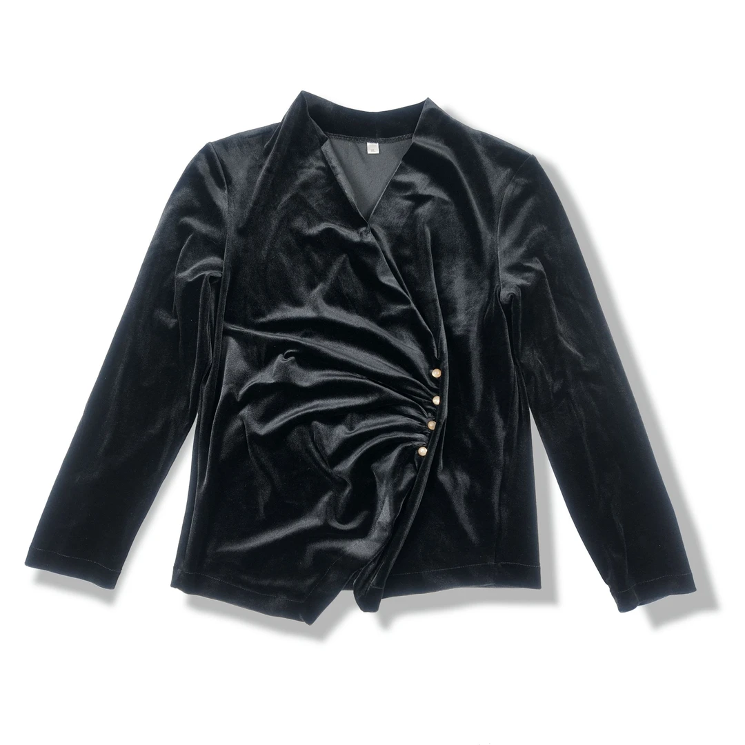 福熹·秋冬新款女高级感金丝绒韩系V领收腰款气质修身长袖打底衫